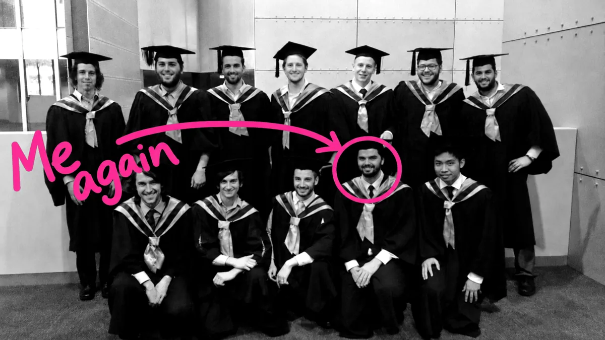 A graduating audio engineering cohort in caps and gowns, with Bazz circled and labelled "Me again".