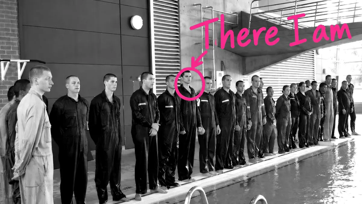 Recruits lined up along the edge of a training pool in wet overalls, with Bazz circled and labelled "There I am".