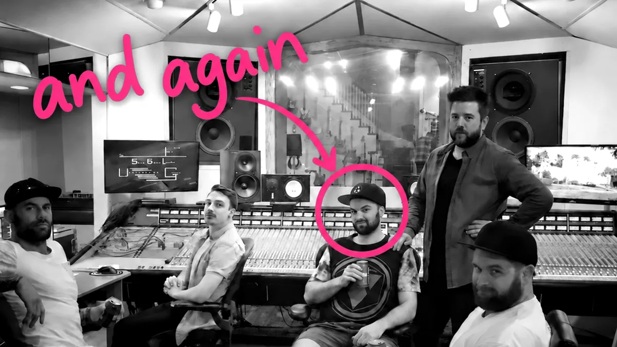 Five engineers around a large mixing console in a control room, with Bazz circled and labelled "and again".