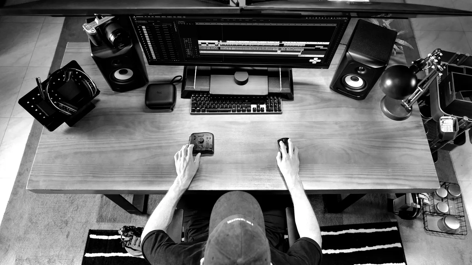 Overhead view of an editing desk, monitors, monitors speakers and headphones, mid session.